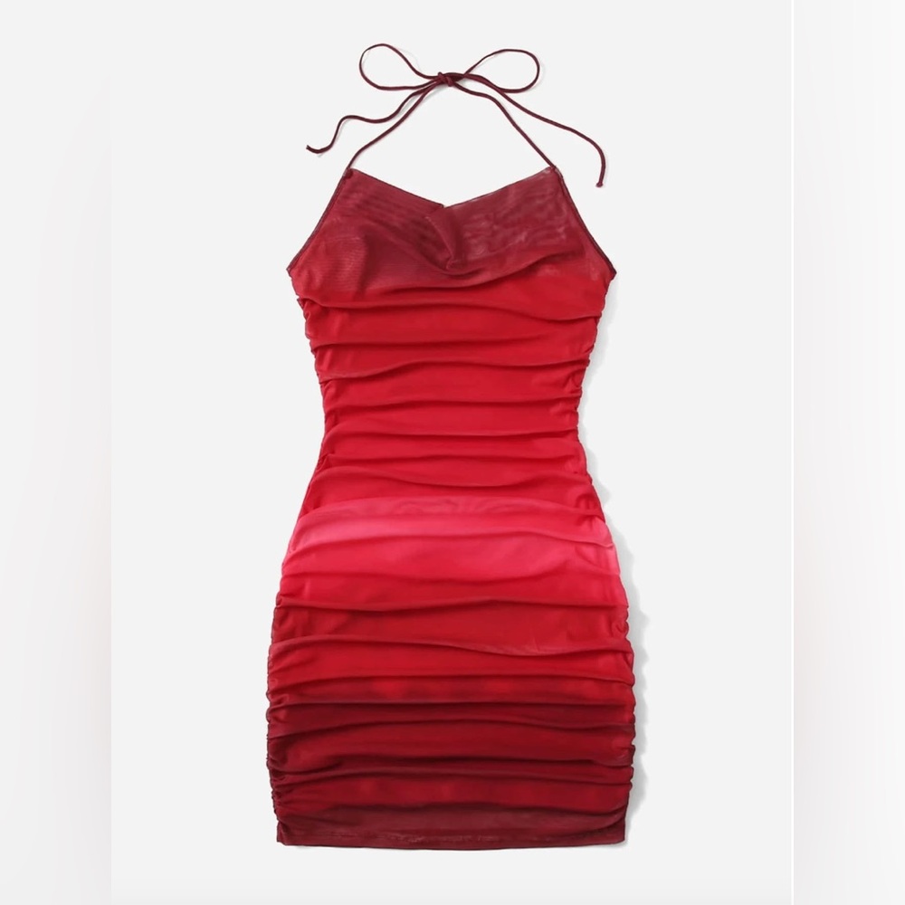 Red Ombre Ruched Mesh Bodycon Mini Dress